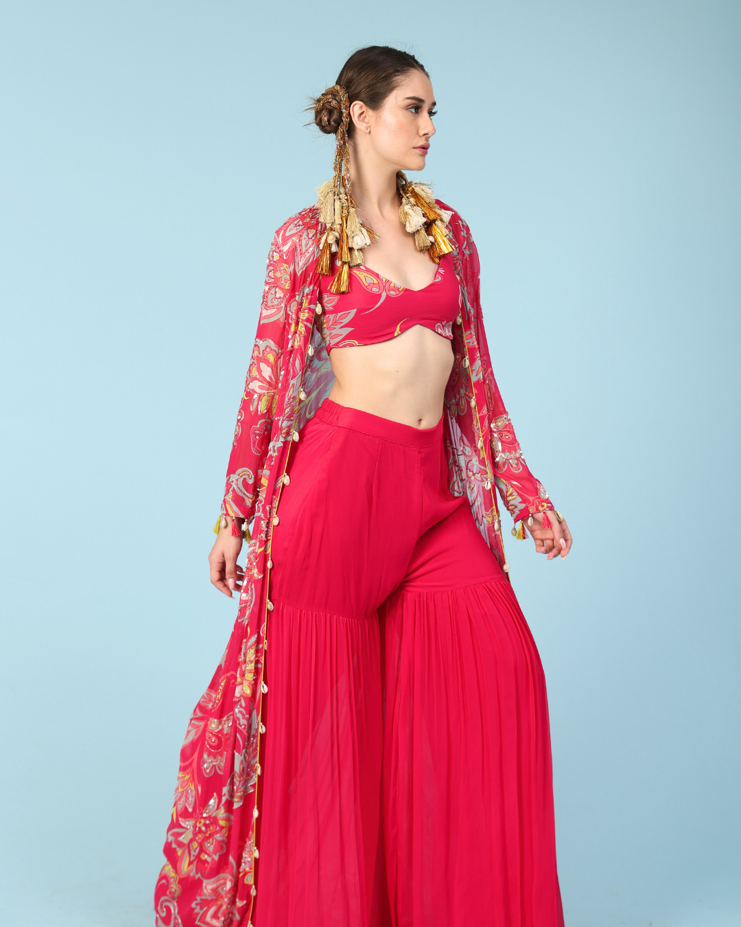 JULIA Long Jacket with Sharara Pants in Silk Georgette