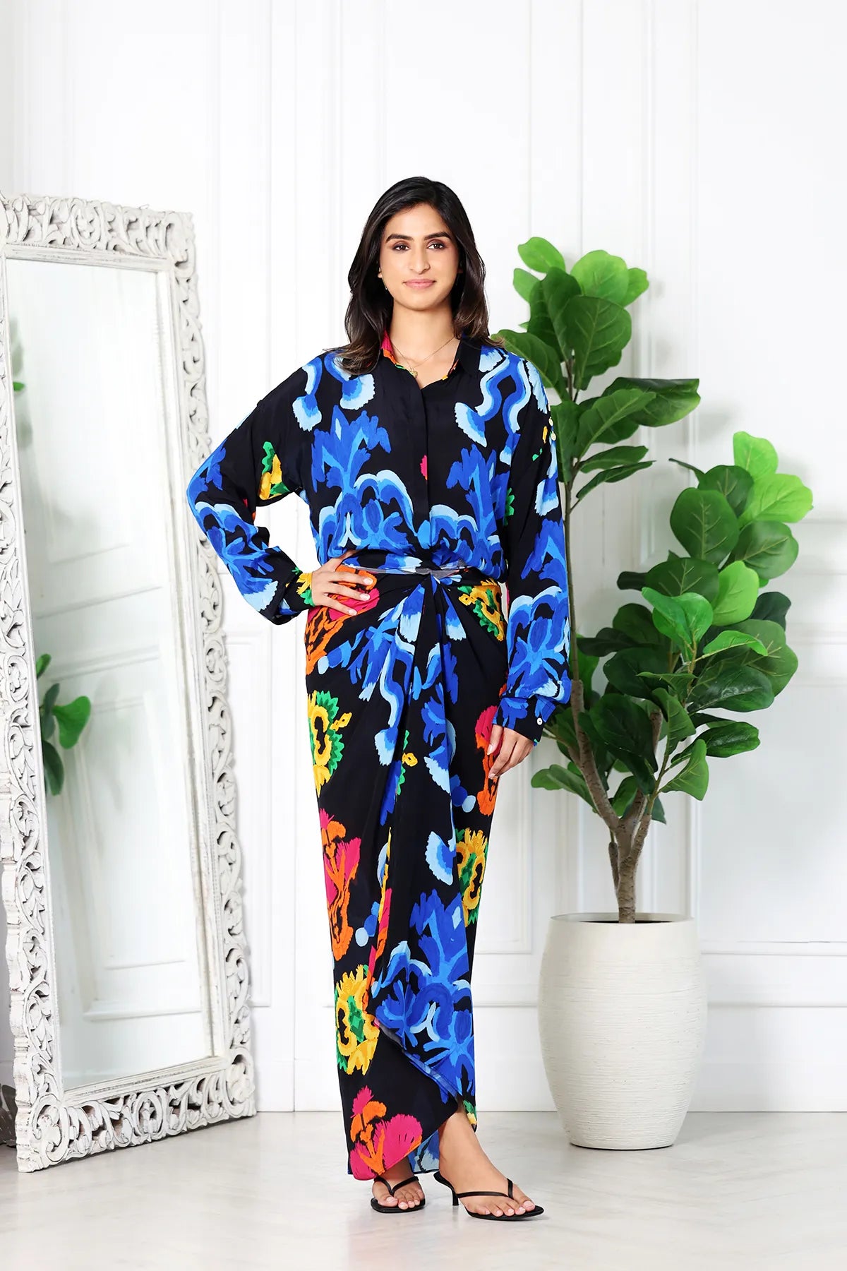 Mia Printed Black Drape Skirt Set