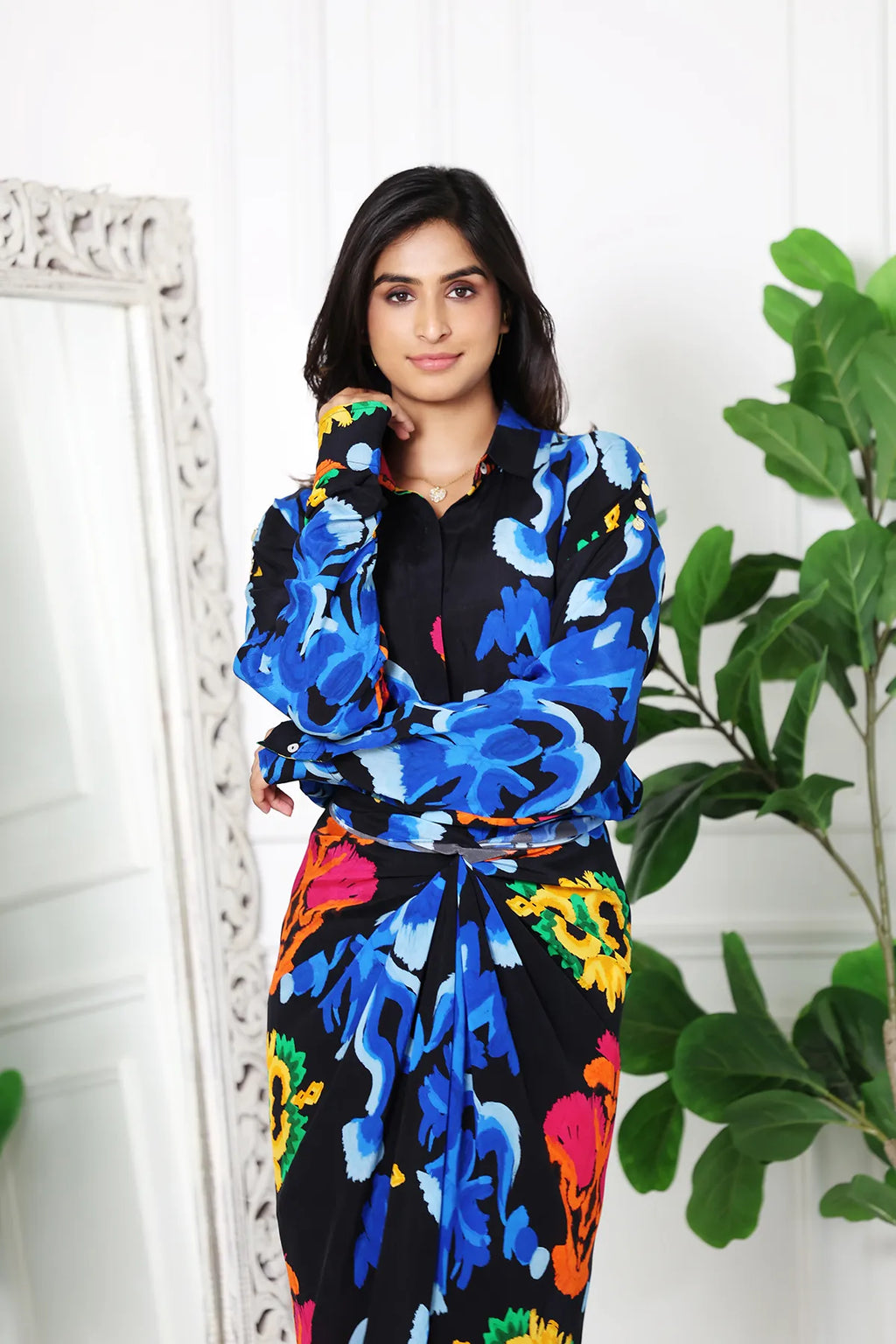 Mia Printed Black Drape Skirt Set