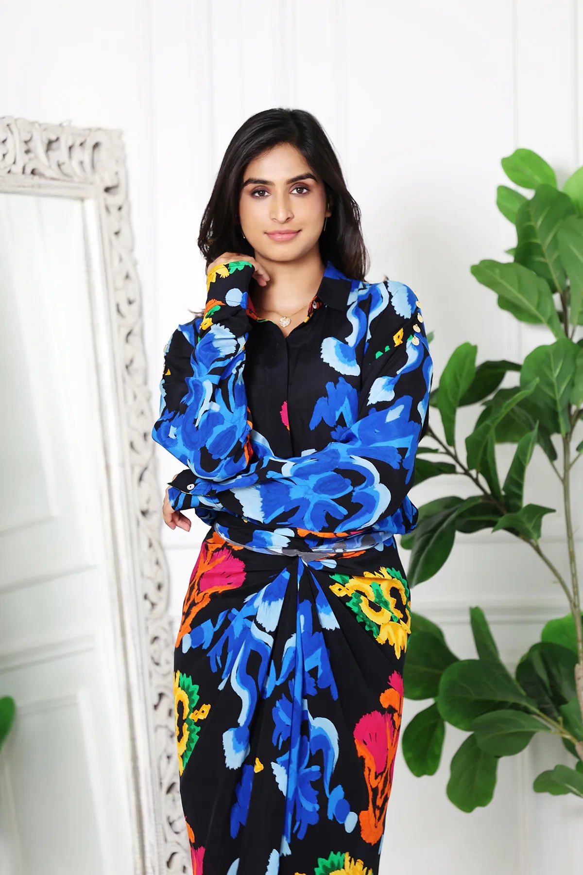 Mia Printed Black Drape Skirt Set