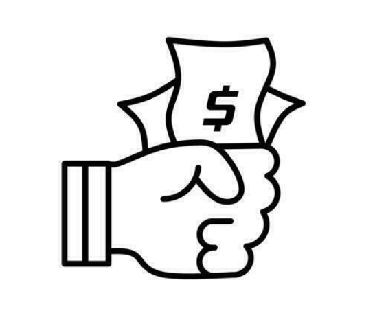 Black and white line art icon of a hand holding a dollar bill with a dollar sign, representing cash or payment.