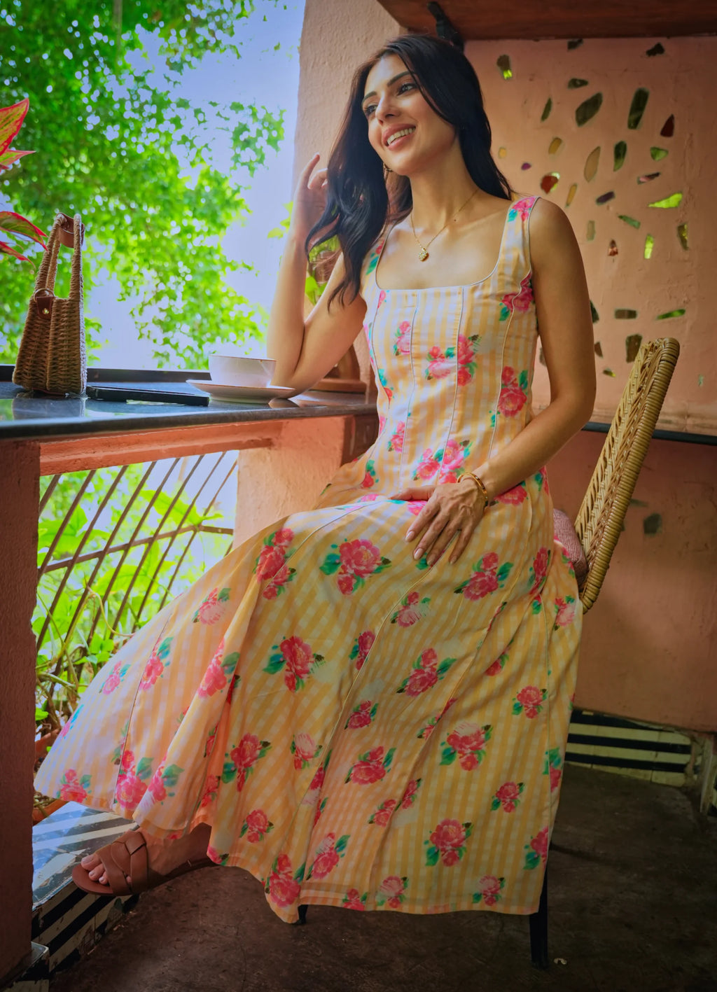 Blossom Yellow Printed Cotton Strap Dress