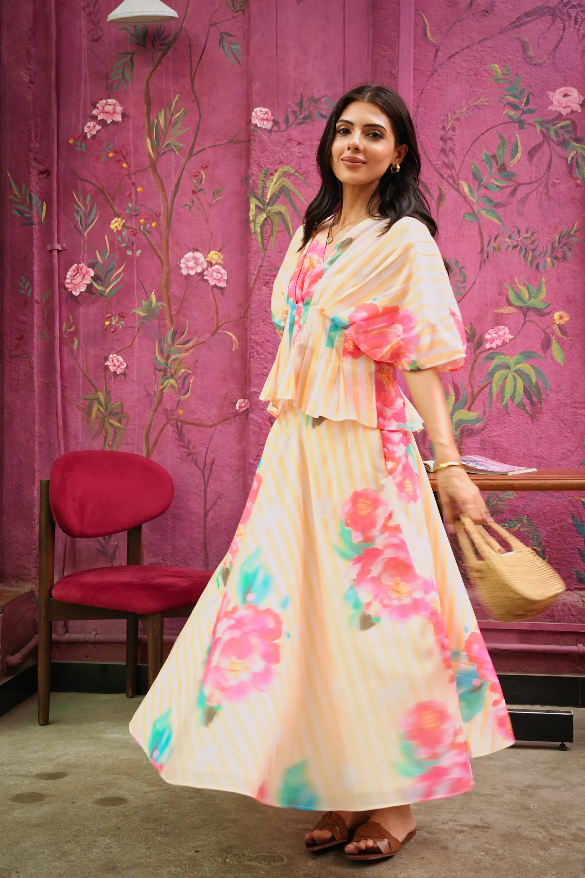 Wildflower Yellow Printed Cotton Skirt And Top Set