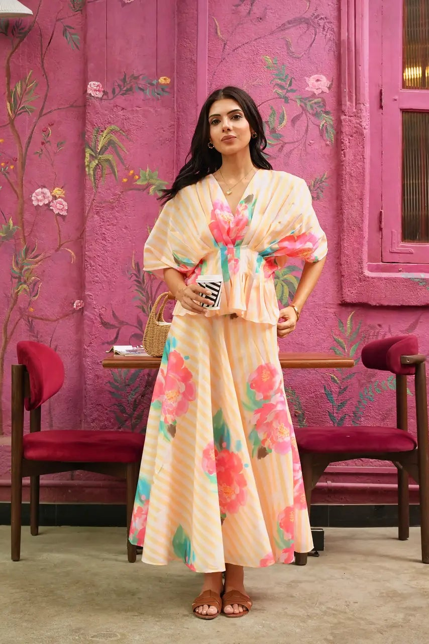 Wildflower Yellow Printed Cotton Skirt And Top Set