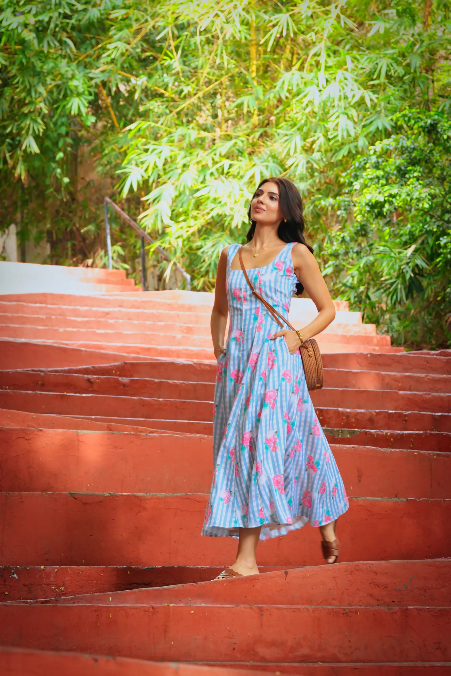Lily Powder Blue Printed Cotton Strap  Dress