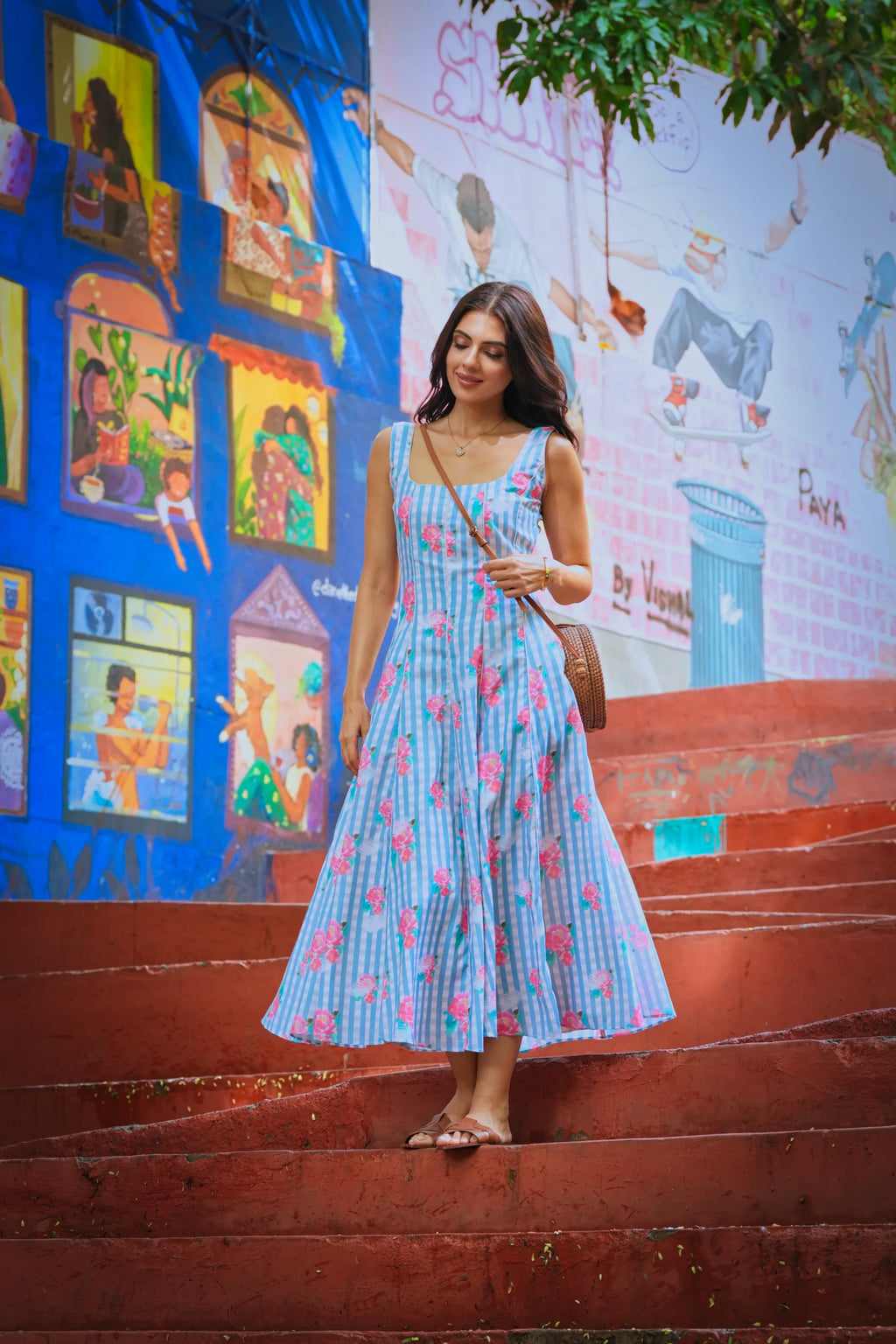 Lily Powder Blue Printed Cotton Strap  Dress