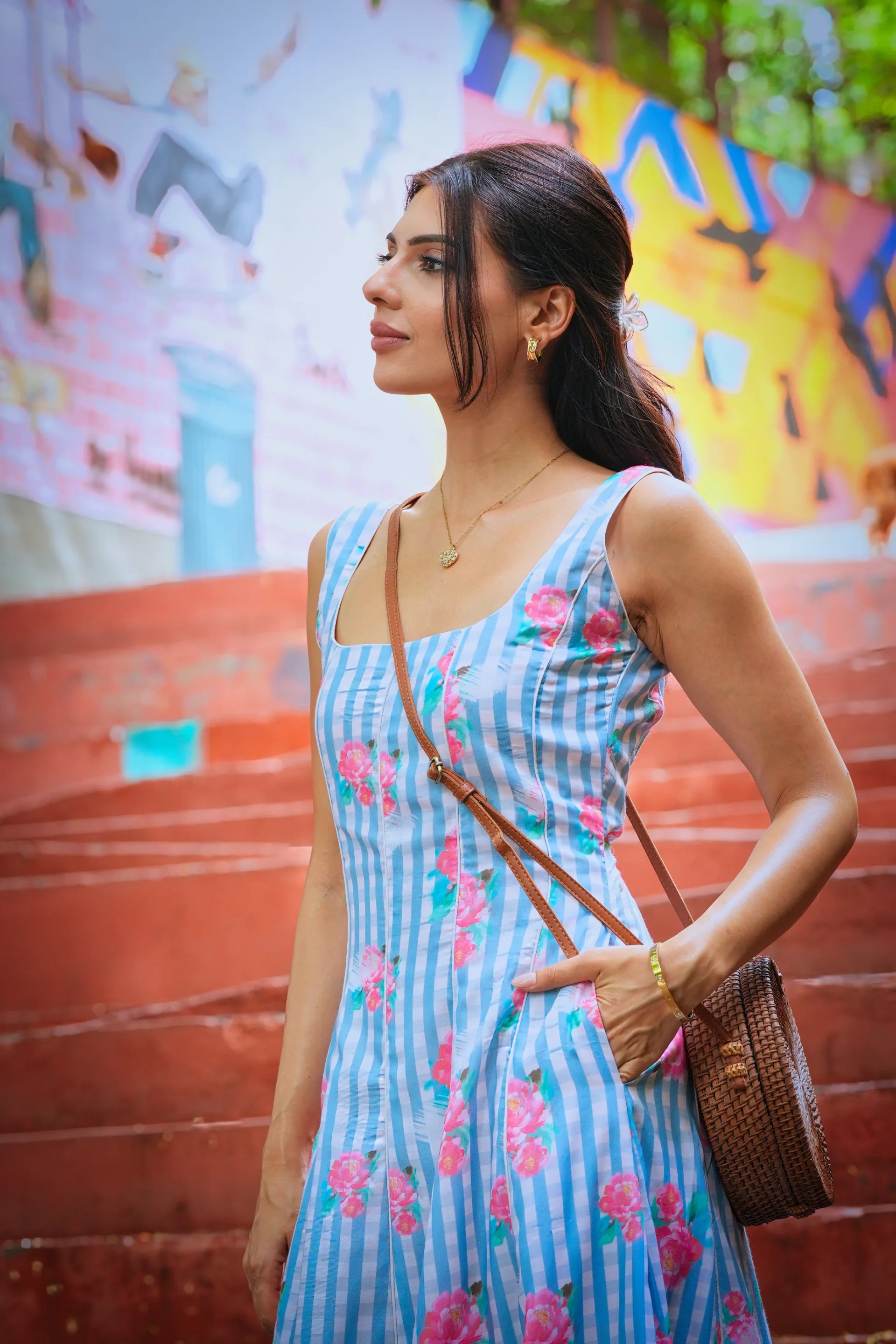 Lily Powder Blue Printed Cotton Strap  Dress