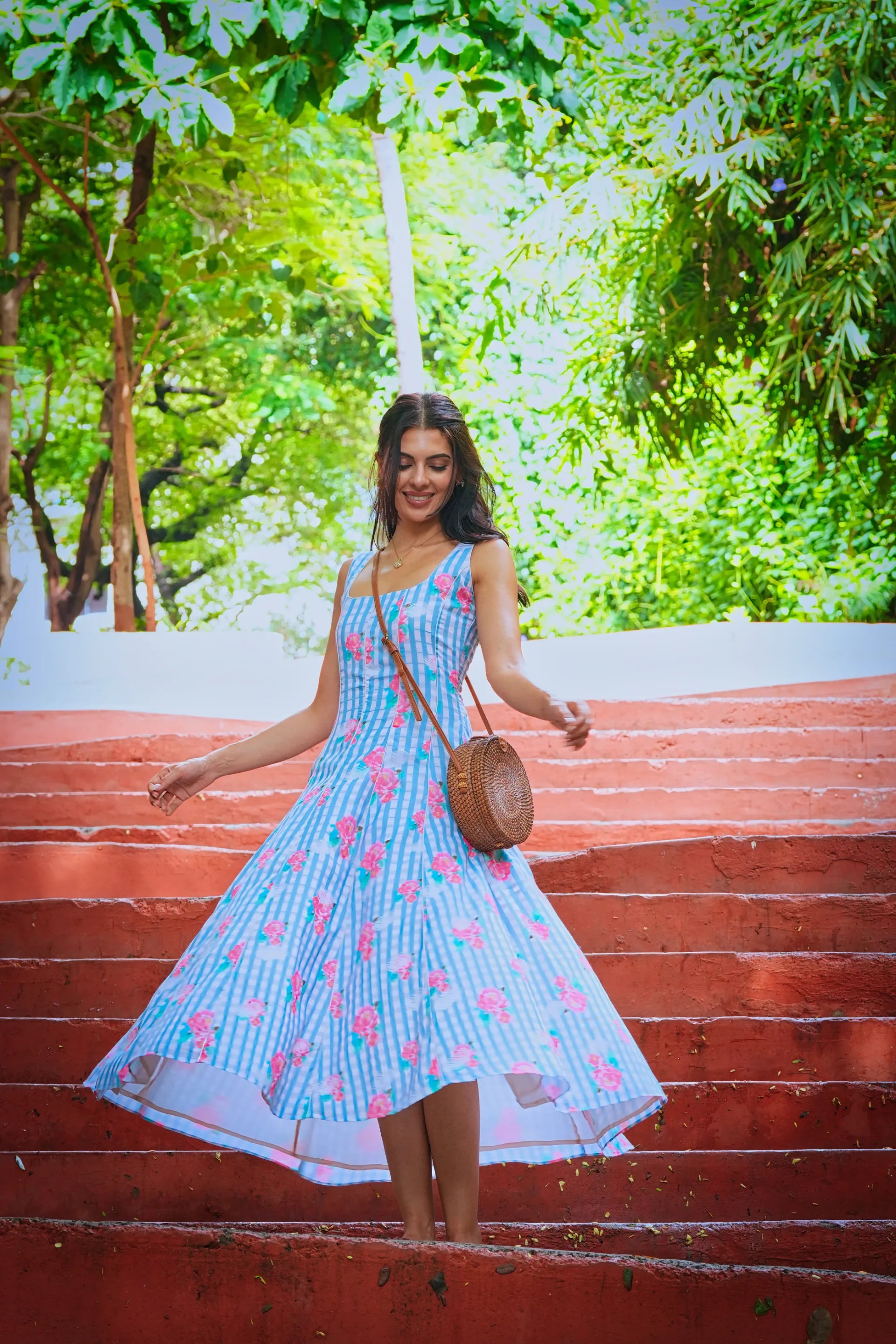 Lily Powder Blue Printed Cotton Strap  Dress