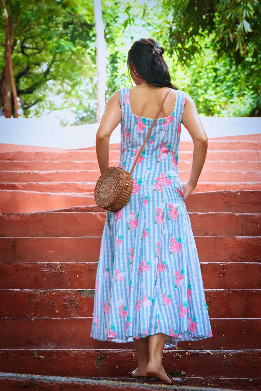 Lily Powder Blue Printed Cotton Strap  Dress