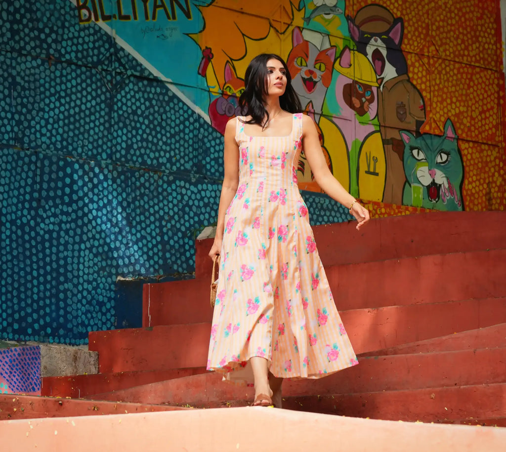 Lily Yellow Printed Cotton Strap Dress