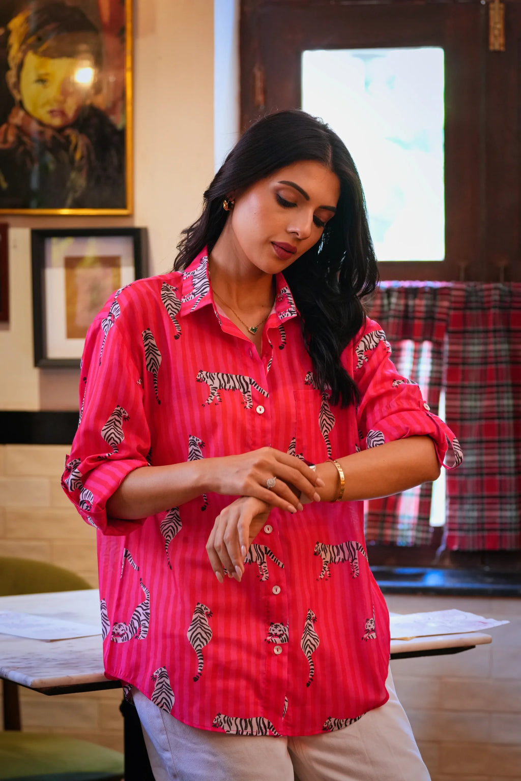 Elina Pink Printed Cotton Shirt