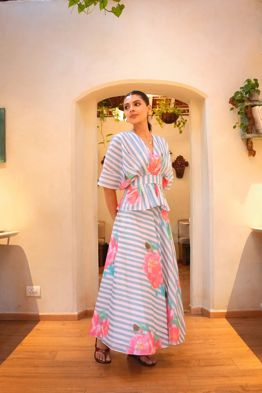 Iris Powder Blue Printed Cotton Skirt And Top Set