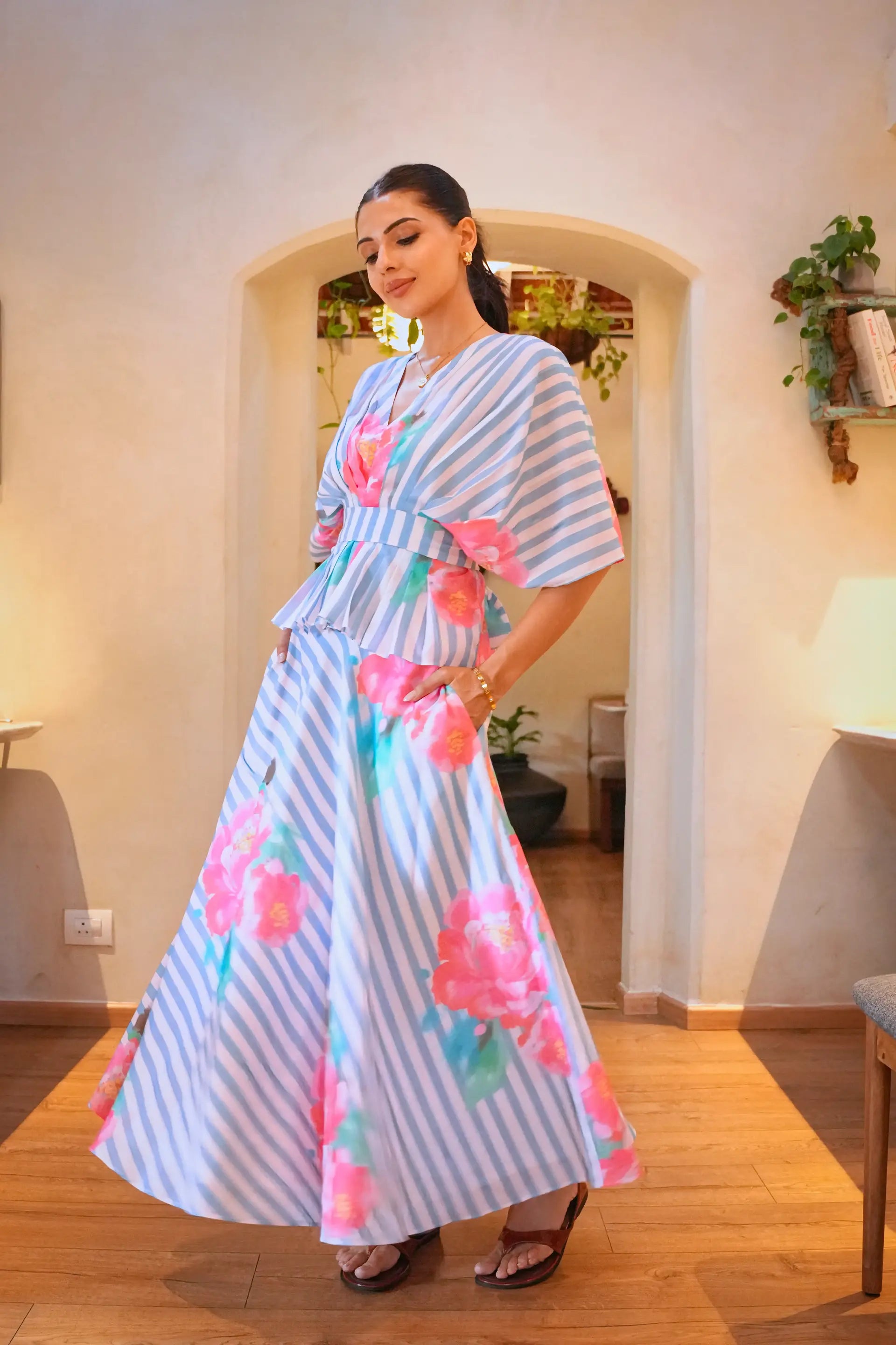 Iris Powder Blue Printed Cotton Skirt And Top Set