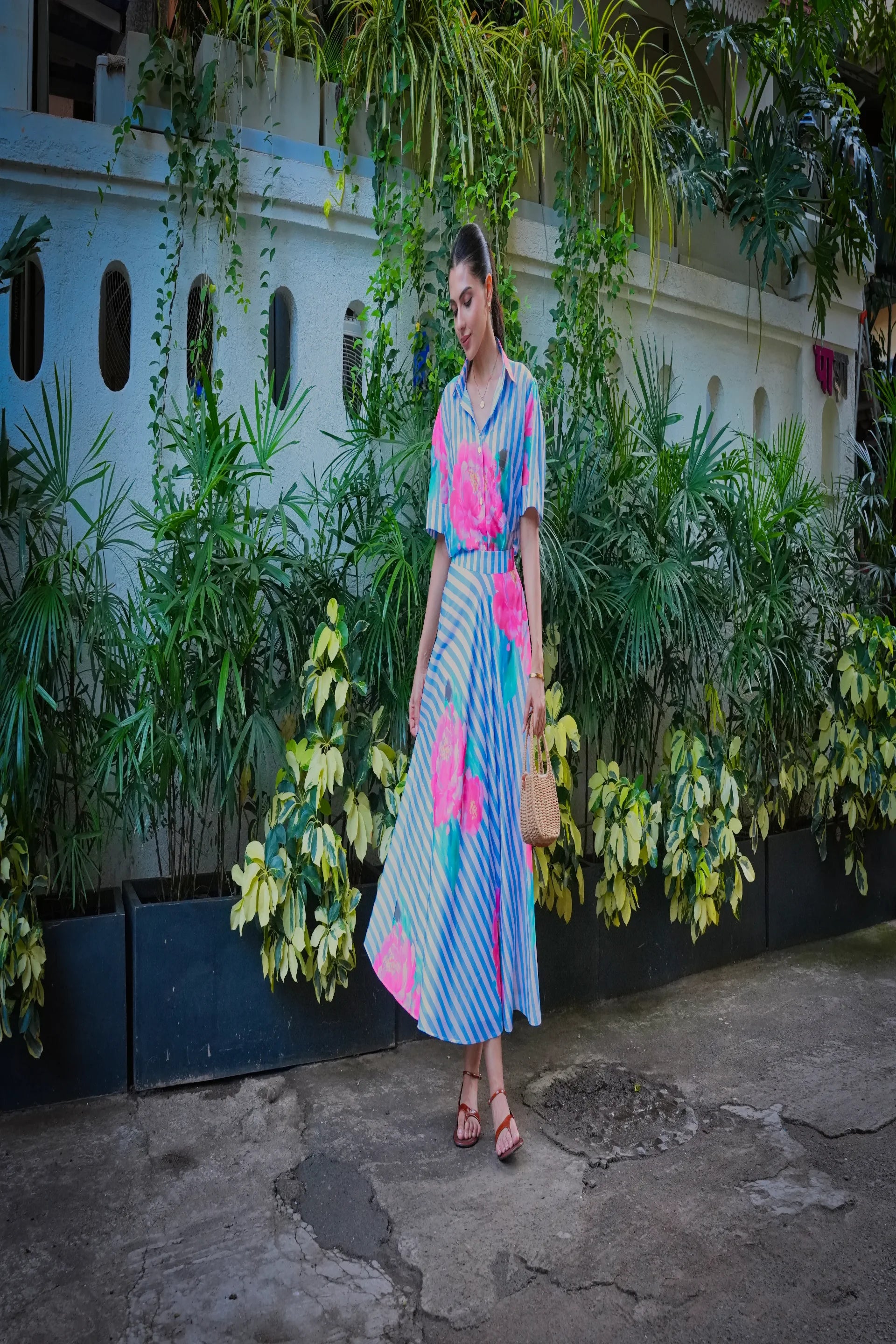 Fleur Powder Blue Printed Cotton Skirt And Shirt Set