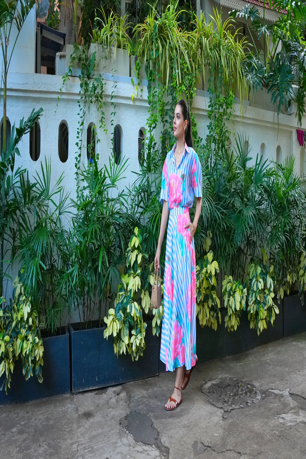 Fleur Powder Blue Printed Cotton Skirt And Shirt Set