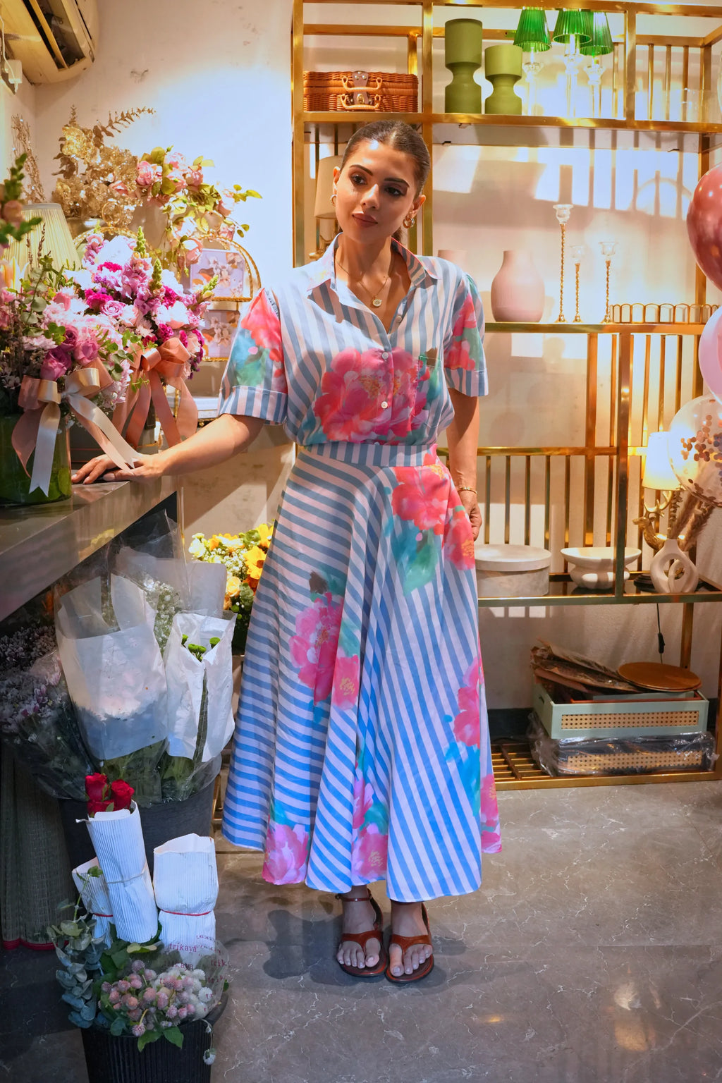 Fleur Powder Blue Printed Cotton Skirt And Shirt Set