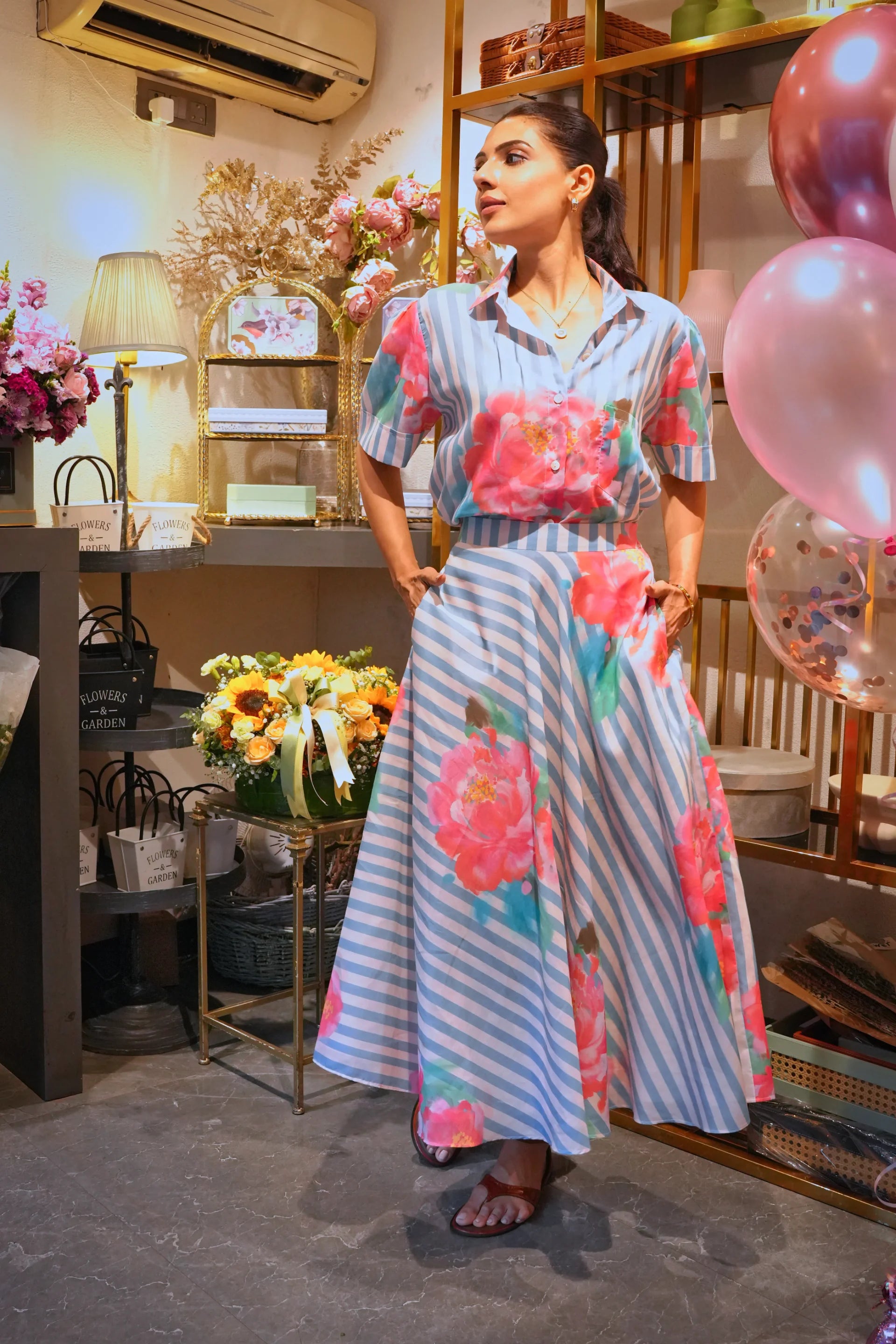 Fleur Powder Blue Printed Cotton Skirt And Shirt Set