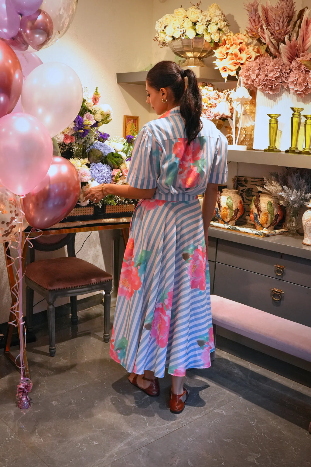 Fleur Powder Blue Printed Cotton Skirt And Shirt Set
