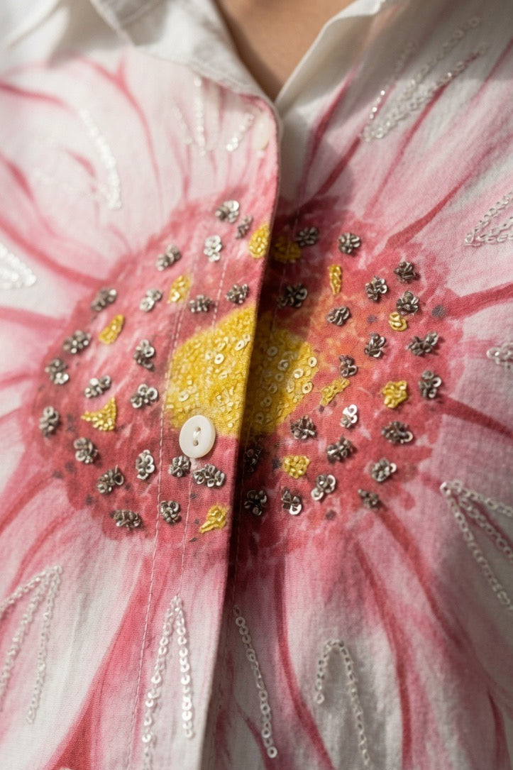 A close-up of a white button-up shirt featuring a large pink sunflower print with sequined details and a white button at the center.
