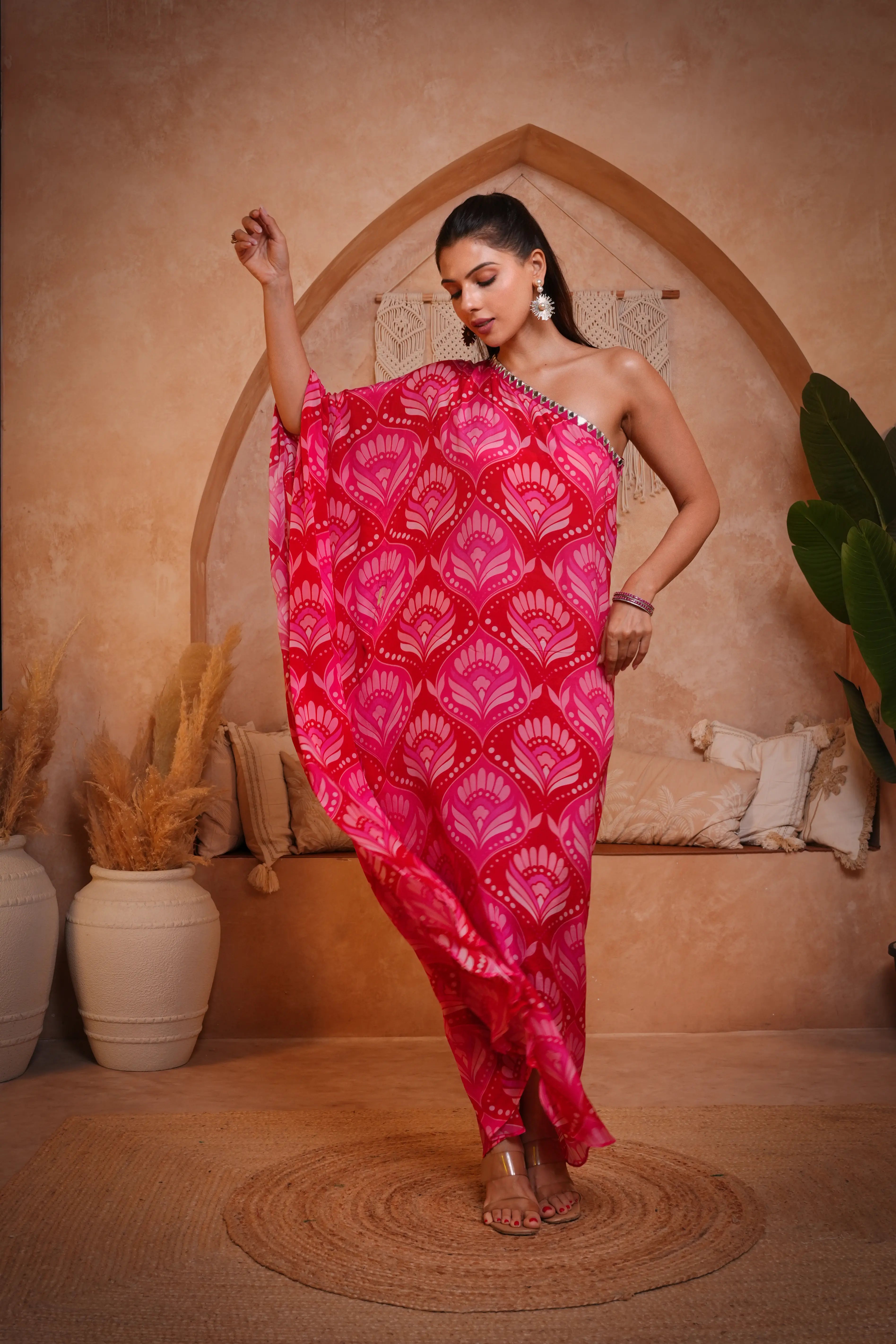 Ishq Red Fan - One Shoulder Kaftan