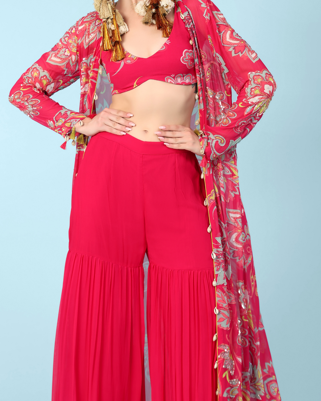 Pink sharara pants with off shoulder top | Pallavi Jaipur
