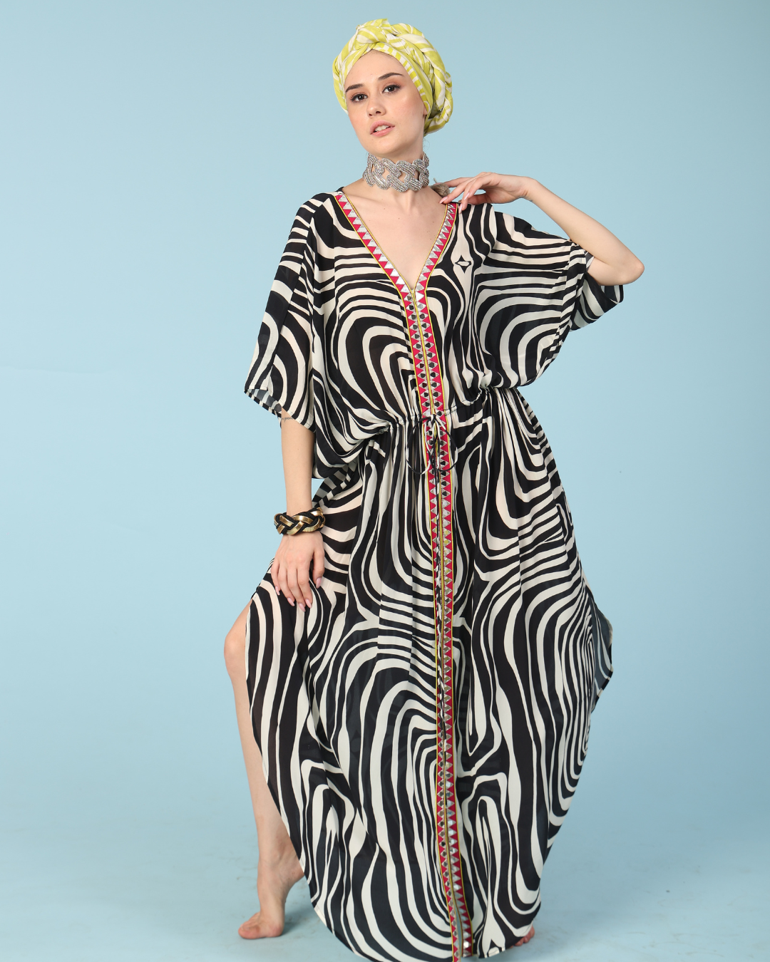 SOPHIE STRIPES Long Flowy Kaftan In Silk Georgette