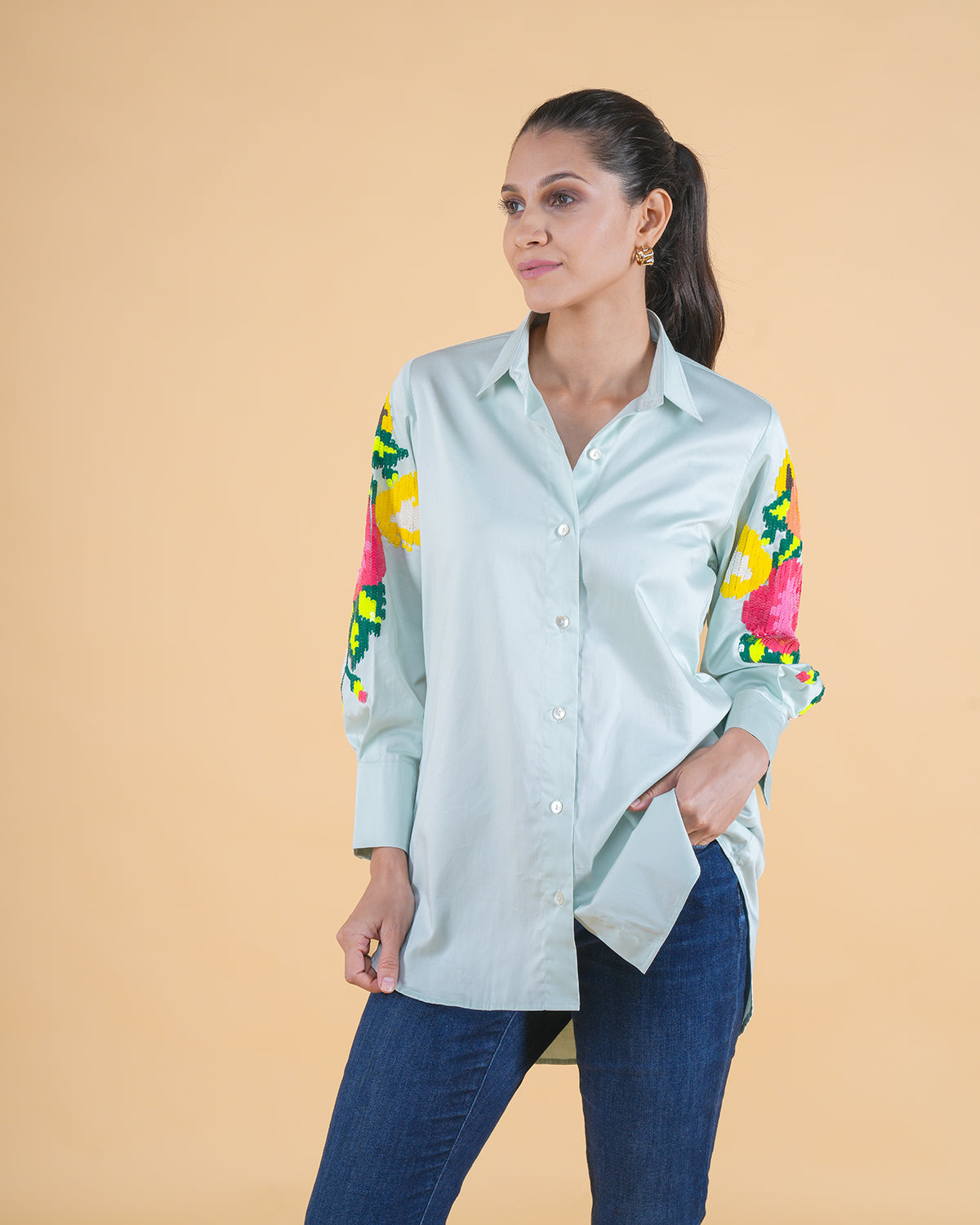 ZARA BASIC SHIRT (SOLID HAND EMB) - AQUA