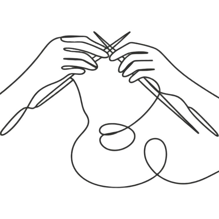 Line art of hands knitting with yarn and needles