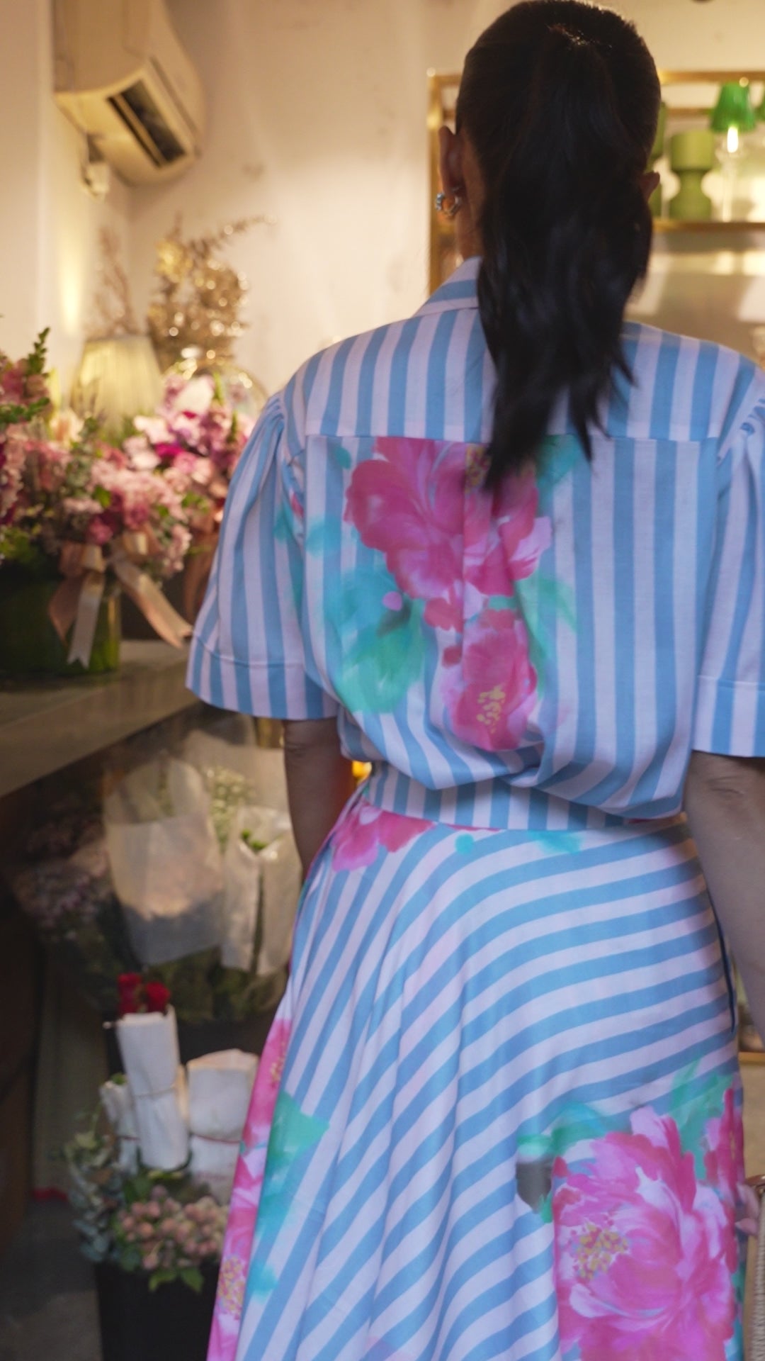 Fleur Powder Blue Printed Cotton Skirt And Shirt Set