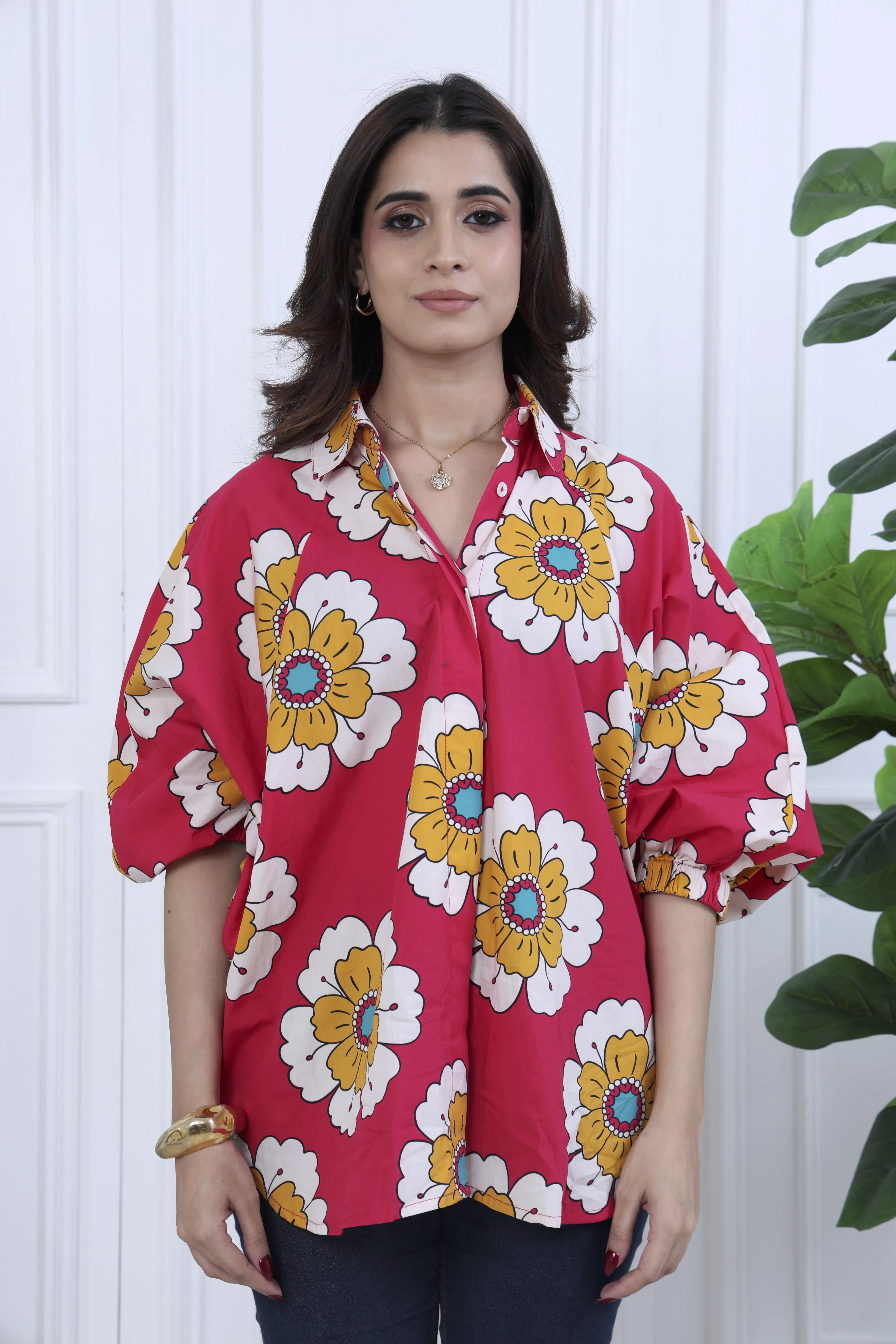 Elara Red Printed Cotton Shirt