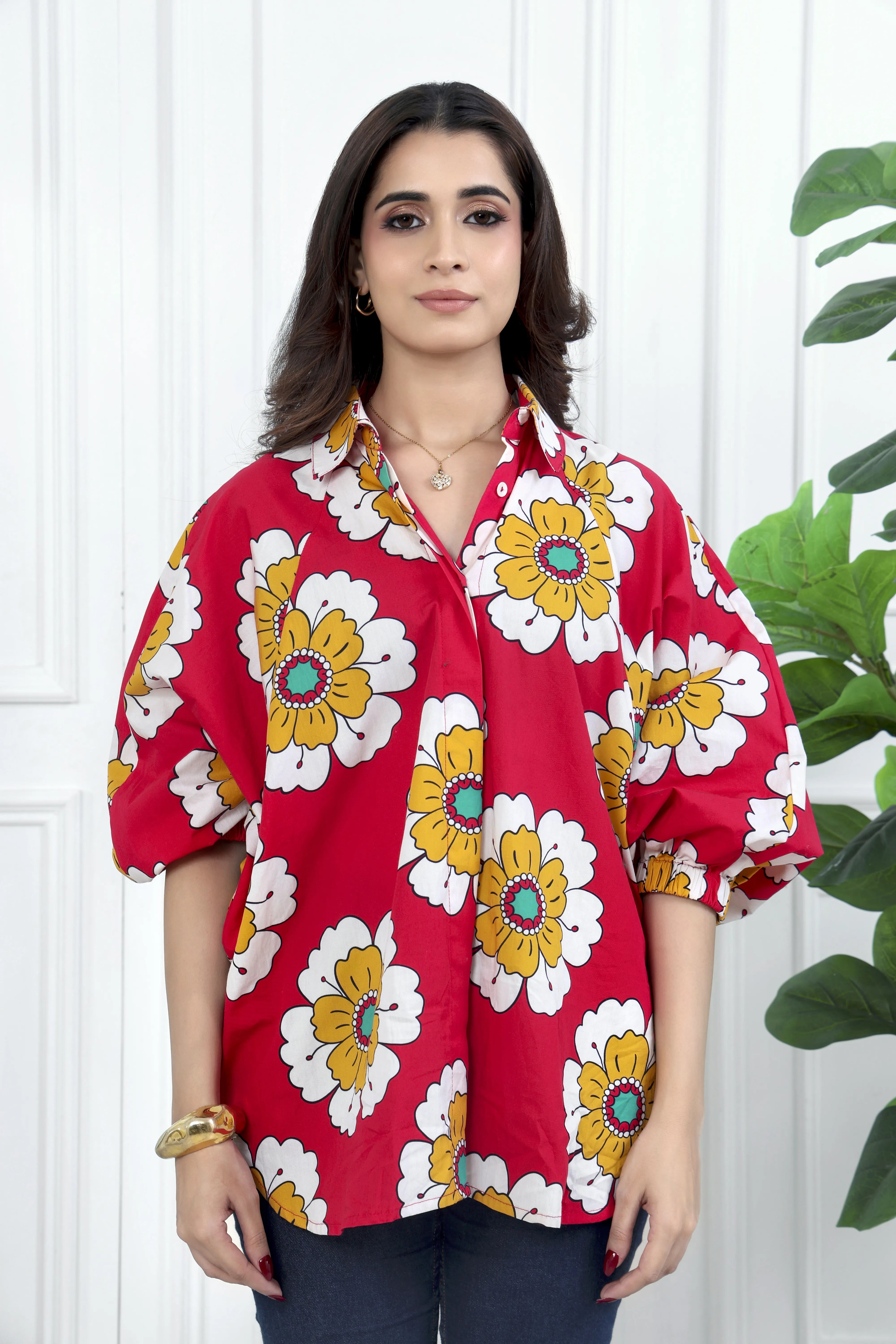 Elara Red Printed Cotton Shirt