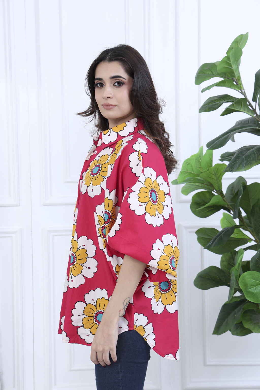 Elara Red Printed Cotton Shirt