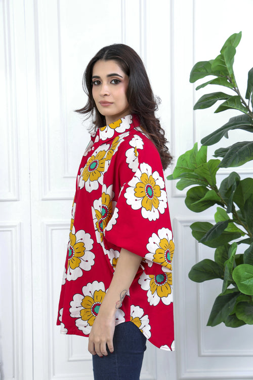 Elara Red Printed Cotton Shirt