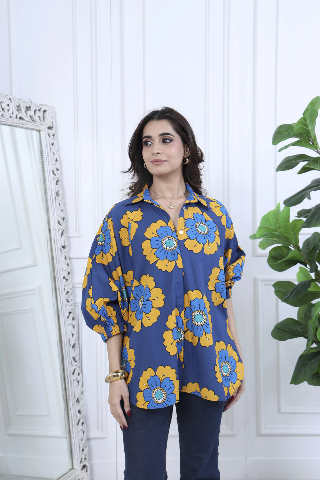 Elara Blue Printed Cotton Shirt