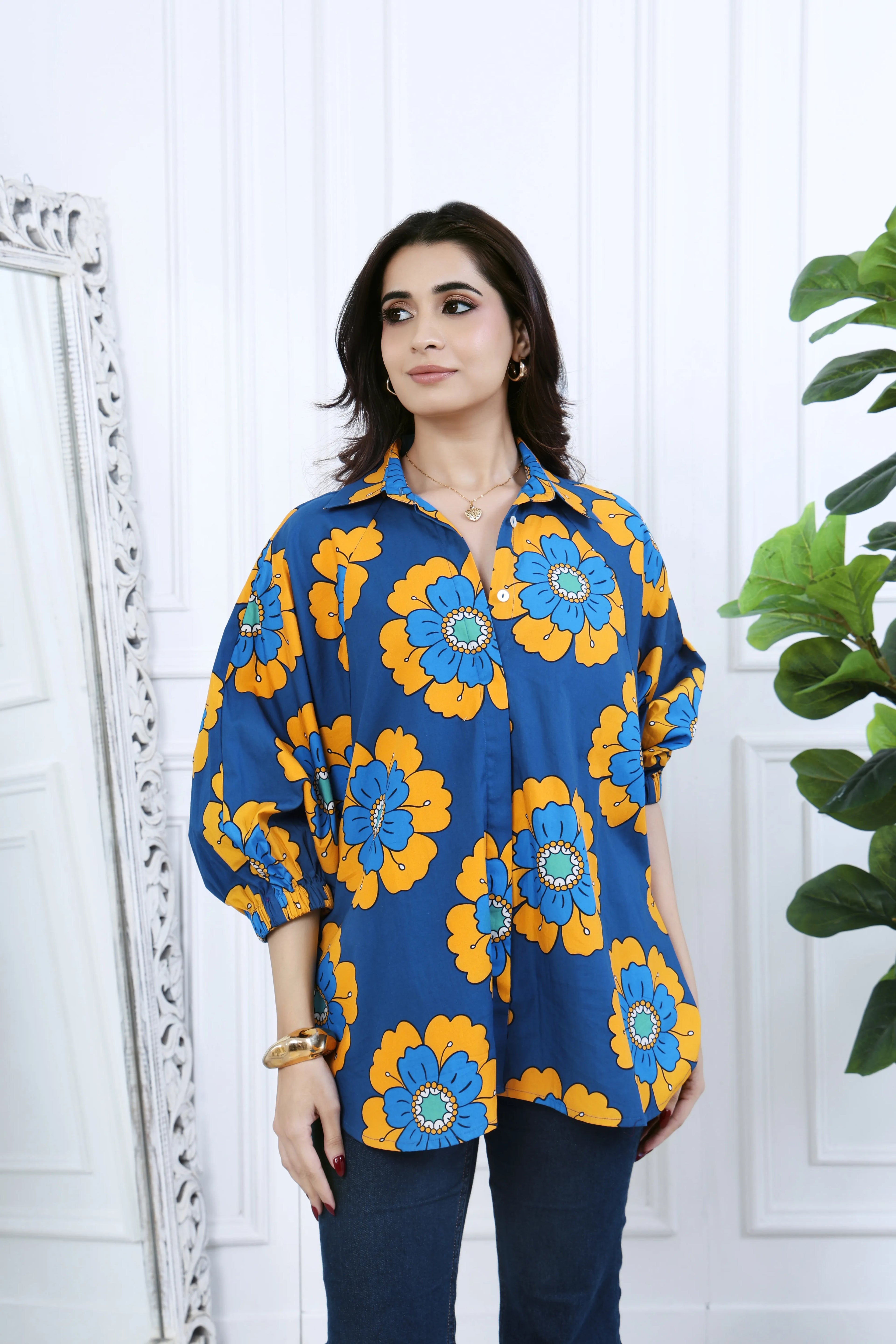 Elara Blue Printed Cotton Shirt