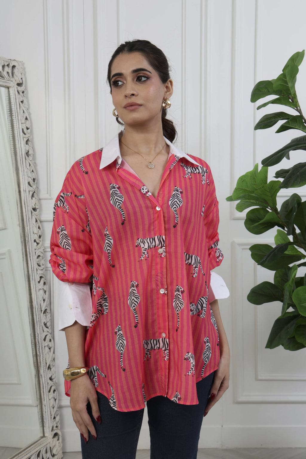 Zia Pink Stripes Printed Cotton Shirt