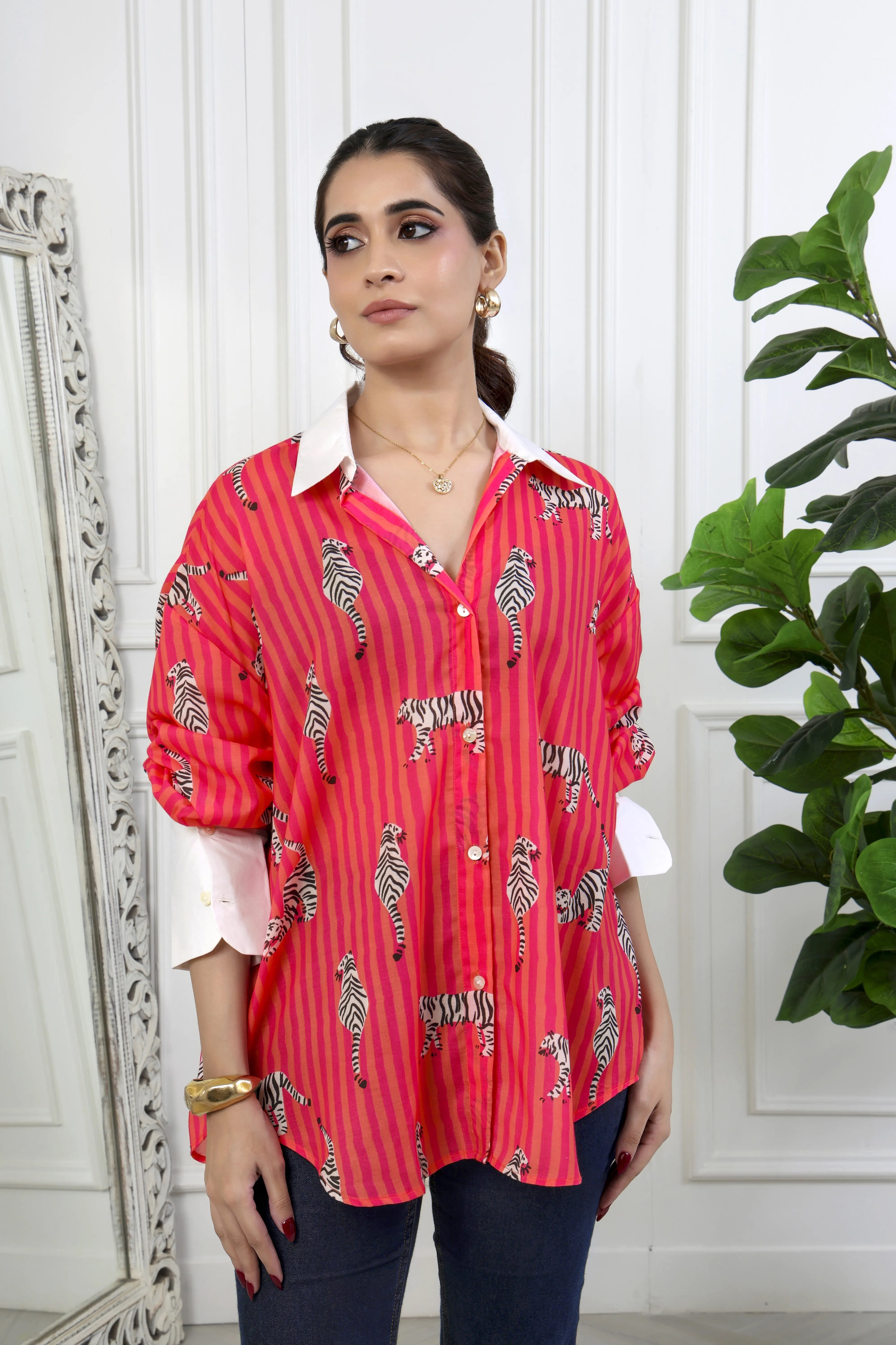 Zia Pink Stripes Printed Cotton Shirt