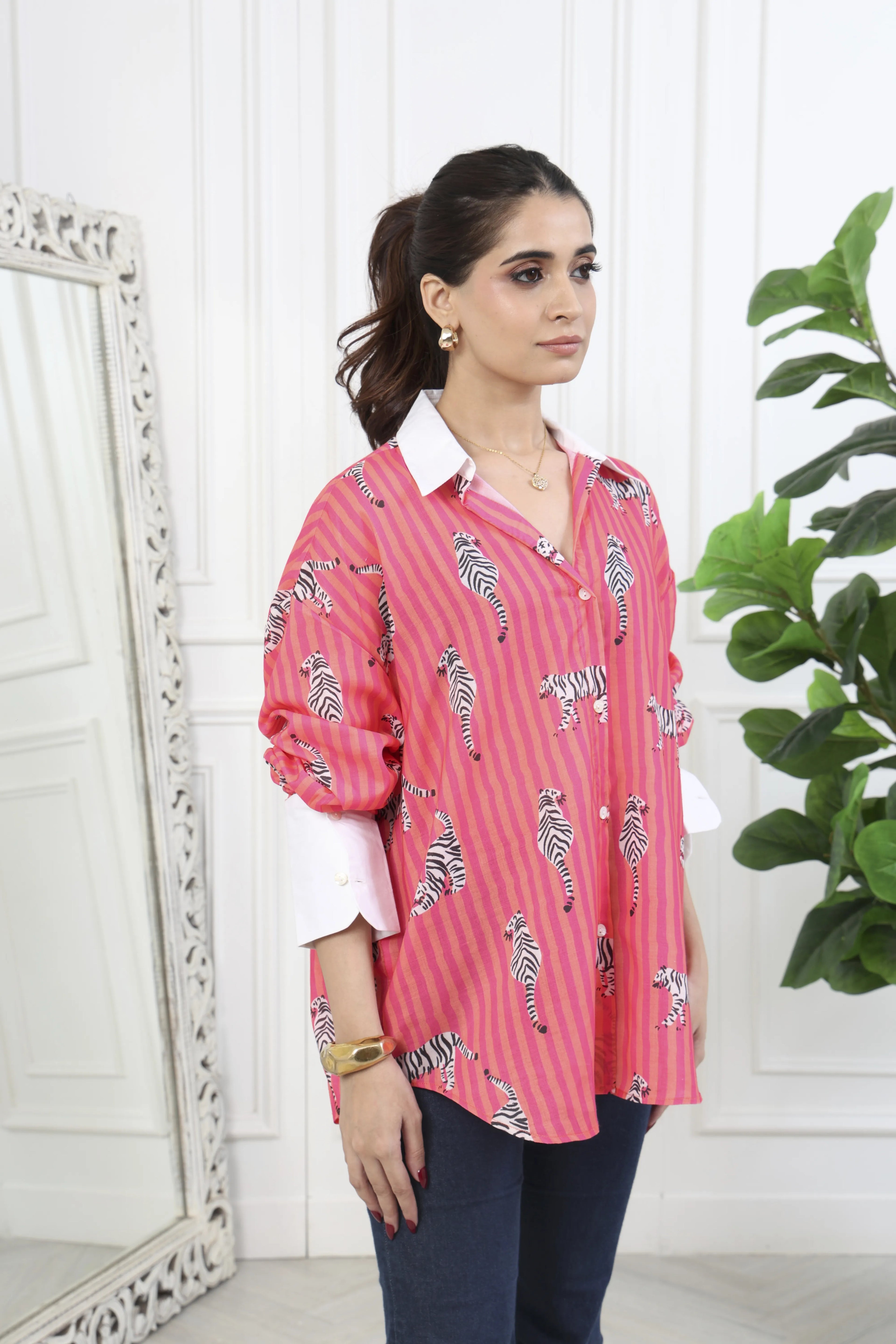 Zia Pink Stripes Printed Cotton Shirt