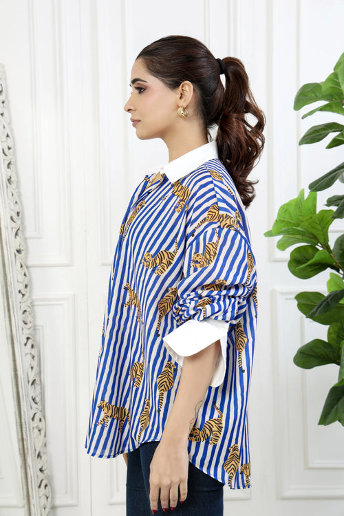 Zia Blue Stripes Printed Cotton Shirt