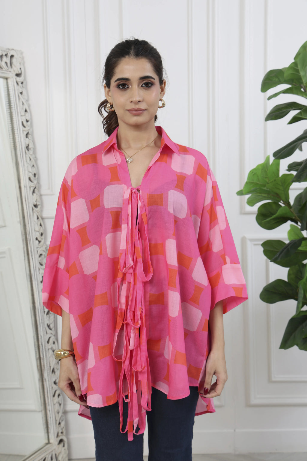 Rumi Pink Front Tie Up Shirt