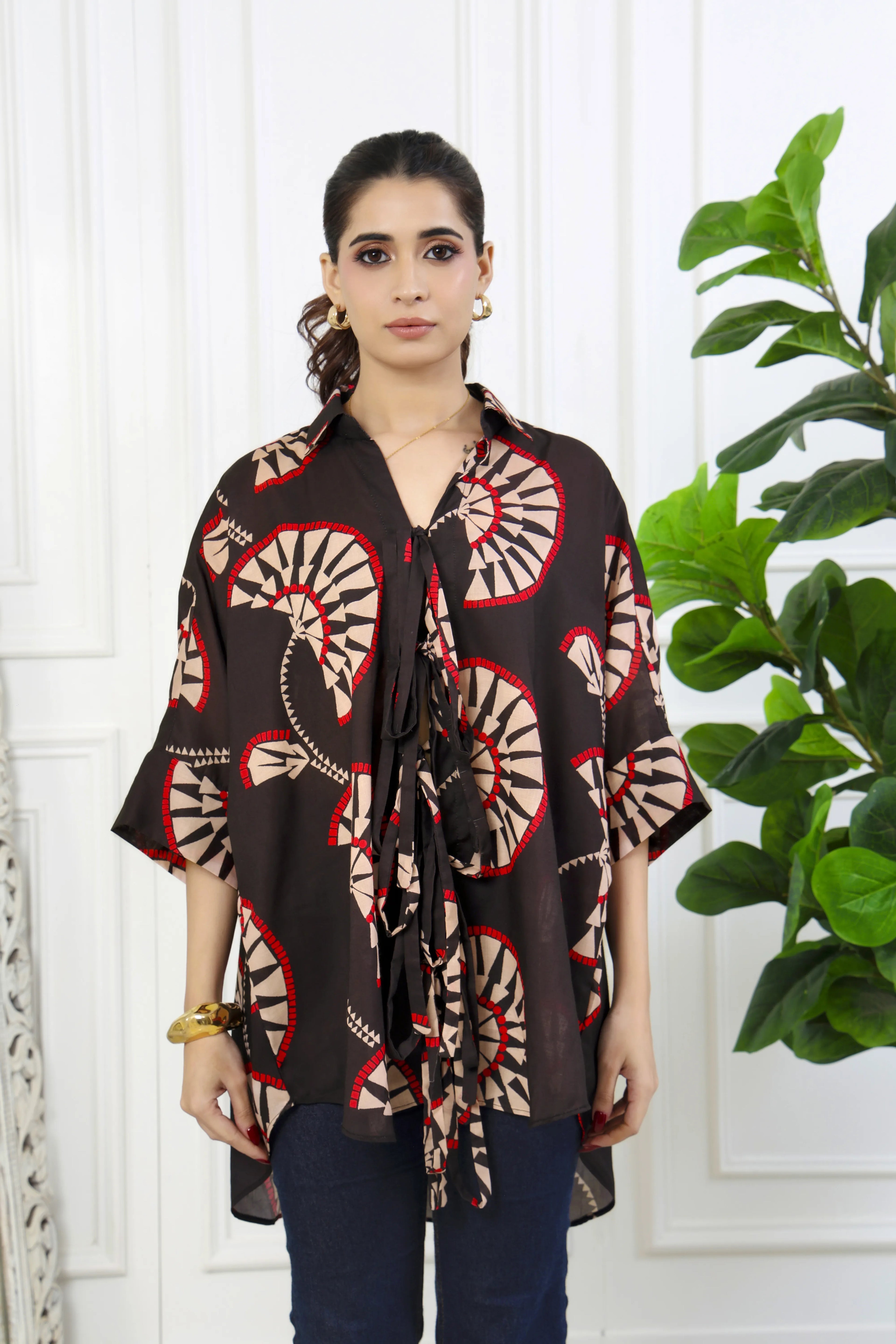 Rumi Black Printed Front Tie Up Shirt