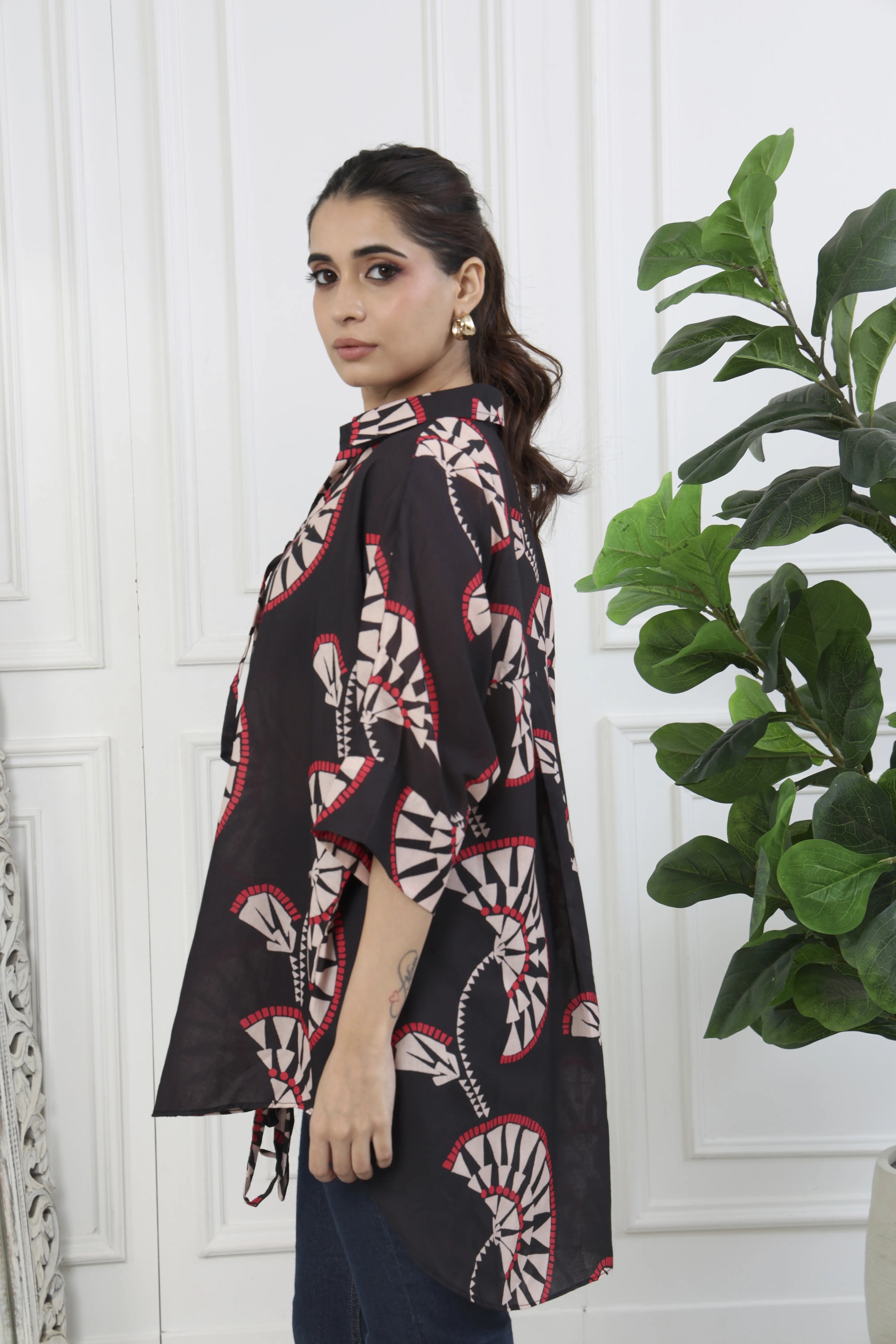 Rumi Black Printed Front Tie Up Shirt