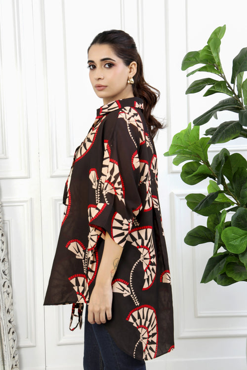 Rumi Black Printed Front Tie Up Shirt