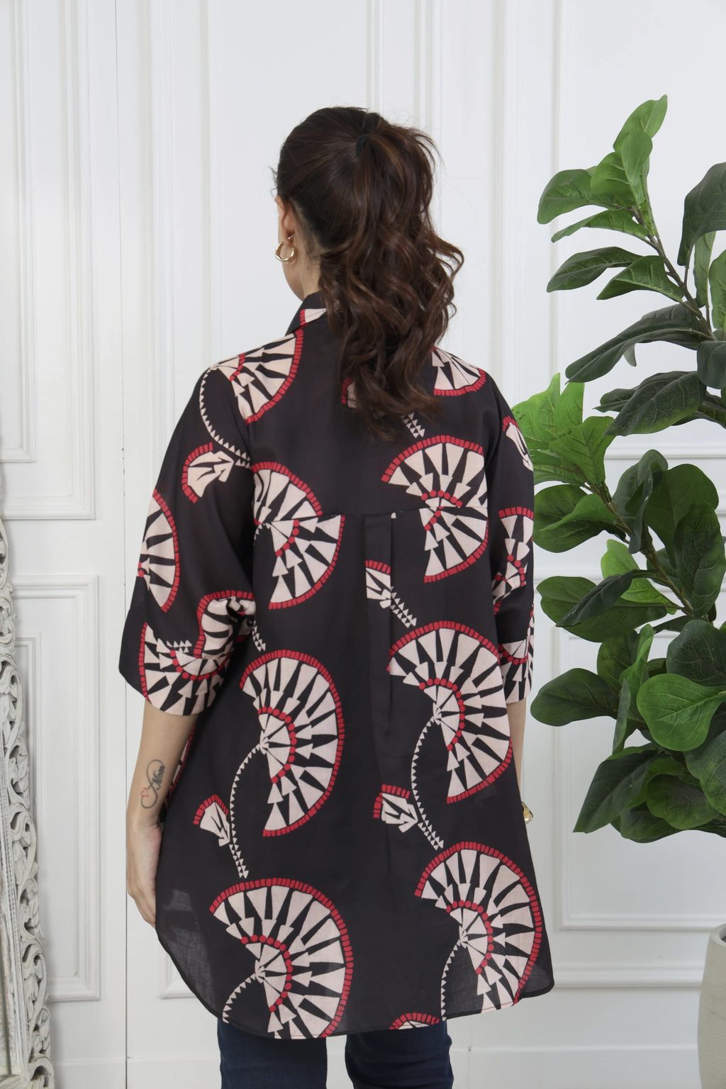 Rumi Black Printed Front Tie Up Shirt